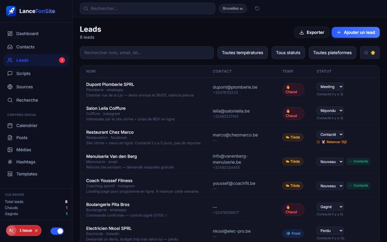 Tableau de bord CRM LanceTonSite — gestion leads et contacts